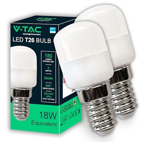 V-TAC 2x Kühlschranklampe E14 2W T26-180 Lumen - LED Lampe 3000K Warmweiß - LED Glühbirne für Kühlschrank - Glühlampen - Energiesparlampe - 2er Pack von V-TAC
