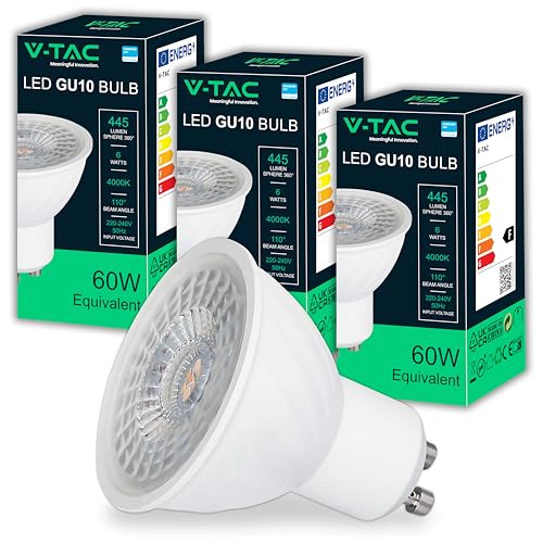 V-TAC 3x LED Glühbirne GU10-6W (entspricht 60W) - 445 Lumen - CHIP SAMSUNG - Maximale Effizienz und Energieeinsparung - GU10 Spot LED Glühlampen - Licht 4000K Neutralweiß - 3er Pack von V-TAC