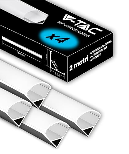 V-TAC 4 x Eckprofile 2 Meter für LED-Streifen - (8 Meter gesamt) - Profile für LED-Streifen aus Aluminium mit satinierter Abdeckung - Farbe Silber - Ecken 21,3 x 15,8 mm von V-TAC