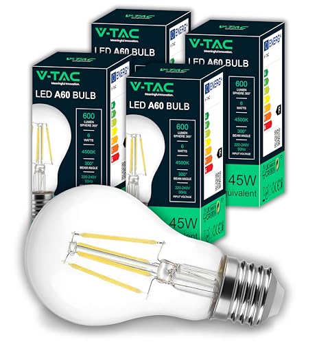 V-TAC 4x LED Glühbirne E27 Filament A60 - [Hohe Effizienz 6W] - 600 Lumen - (Entspricht 45W) – - Maximale Effizienz – Filament Deko – Glühlampen - Energiesparlampe - 4er Pack - Neutralweiß 4000K von V-TAC