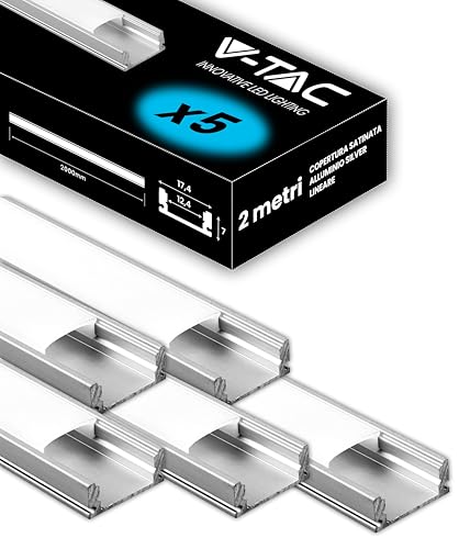 V-TAC 5 x Profile für LED-Streifen à 2 m, rechteckig, aus Aluminium – (insgesamt 10 Meter) – Profile für LED-Streifen, matte Abdeckung – max. Fläche LED-Streifen 12,4 mm – Abmessungen 17,4 x 7 mm von V-TAC