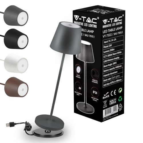 V-TAC Dimmbare LED Tischlampe Kabellos mit Touch-Bedienung - Wiederaufladbar Grau Lampe für den Innen und Draußen - Außenbereich IP54 - Hause Restaurant - 4400-mAh-Akku - Warmweiß 3000K von V-TAC