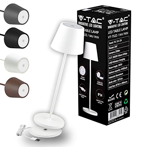 V-TAC Dimmbare LED Tischlampe Kabellos mit Touch-Bedienung - Wiederaufladbar Weiß Lampe für den Innen und Draußen - Außenbereich IP54 - Hause Restaurant - 4400-mAh-Akku - Warmweiß 3000K von V-TAC