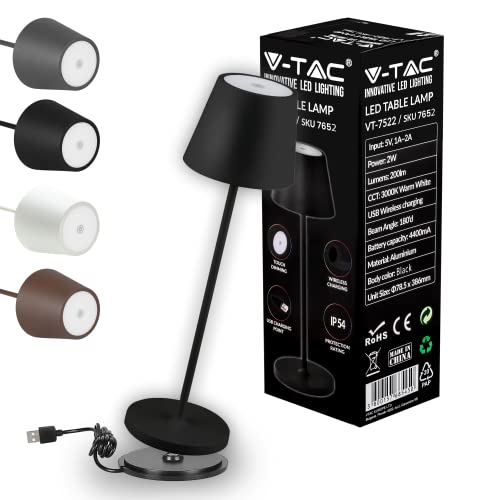 V-TAC Dimmbare LED Tischlampe Kabellos mit Touch-Bedienung - Wiederaufladbar Schwarz Lampe für den Innen und Draußen - Außenbereich IP54 - Hause Restaurant - 4400-mAh-Akku - Warmweiß 3000K von V-TAC