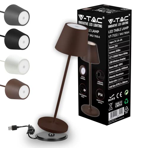 V-TAC Dimmbare LED Tischlampe Kabellos mit Touch-Bedienung - Wiederaufladbar Braun Lampe für den Innen und Draußen - Außenbereich IP54 - Hause Restaurant - 4400-mAh-Akku - Warmweiß 3000K von V-TAC