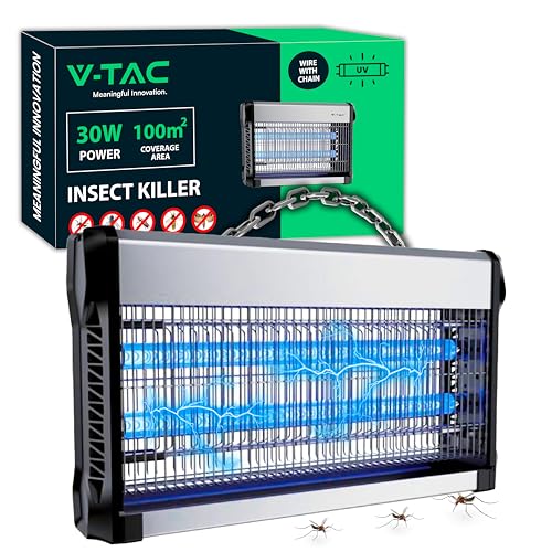 V-TAC Elektrischer Insektenschutz 30 W mit Wirkungsbereich 100 m² – schlankes Design – Fliegengitter mit blauem UV-Licht für den Innen- und Außenbereich – elektrische Falle gegen Mücken und Insekten – von V-TAC