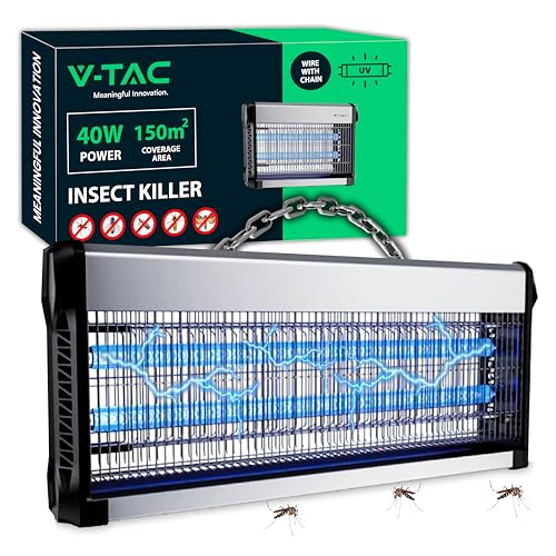 V-TAC Elektrischer Insektenschutz 40 W mit Wirkungsbereich 150 m² – schlankes Design – Fliegengitter mit blauem UV-Licht für den Innen- und Außenbereich – elektrische Falle gegen Mücken und Insekten – von V-TAC