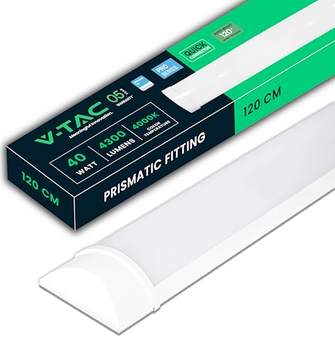 V-TAC Feuchtraumleuchte LED 120 CM - 40W - Samsung Chip - Rechteckige Lampe 4300 Lumen IP20 für Wand, Garage, Shop - LED Röhre - Prismatische Deckenleuchte LED - Licht 4000K Neutralweiß von V-TAC