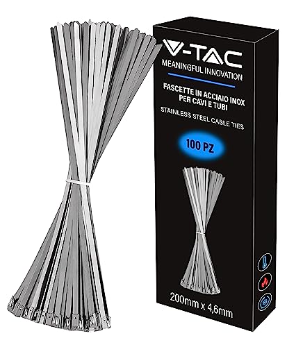 V-TAC Kabelbinder aus Edelstahl für Kabel Größe 4,6 mm x 200 mm – Packung mit 100 Stück – Mehrzweck-Kabelbinder – Kabelhalter für Elektriker, Mechaniker, Eisenrohre von V-TAC