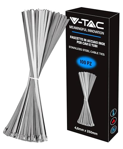 V-TAC Kabelbinder aus Edelstahl für Kabel Größe 4,6 mm x 250 mm – Packung mit 100 Stück – Mehrzweck-Kabelbinder – Kabelhalter für Elektriker, Mechaniker, Eisenrohre von V-TAC