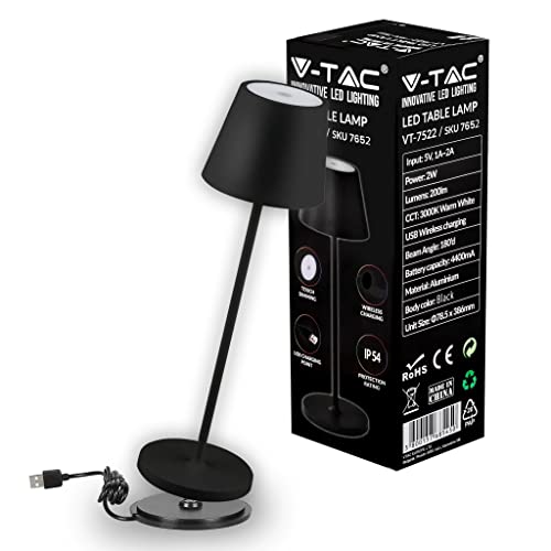 V-TAC Dimmbare LED-Tischlampe Kabellos mit Touch-Bedienung - Wiederaufladbar Schwarz Lampe für den Innen und Draußen - Außenbereich IP54 - 4400-mAh-Akku - Metall, Warmweiß 3000K - 2W, VT-7522 von V-TAC