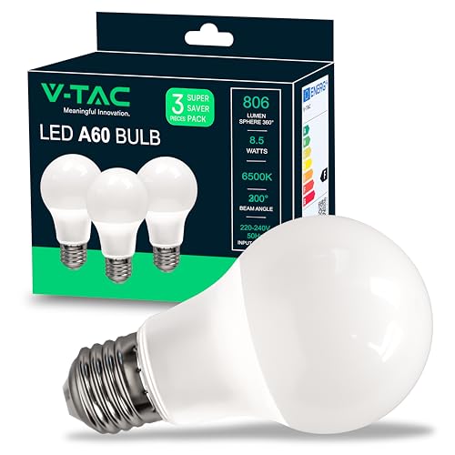 V-TAC LED Glühbirne E27 8,5W (entspricht 60W) A60-806Lumen - Maximale Effizienz und Energieeinsparung LED Lampe 6500K Kaltweiß - LED Glühlampen - 3 Stück VT-1900 von V-TAC