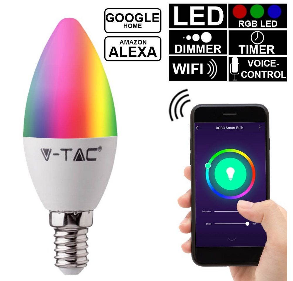 V-TAC LED-Leuchtmittel, RGB LED 4,8 W Smart Home Leuchtmittel App Alexa E14 Sprachsteuerung von V-TAC