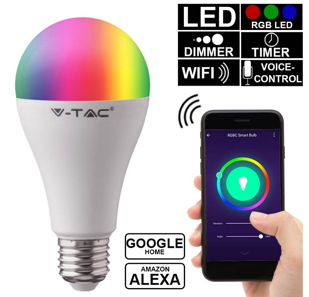 V-TAC LED-Leuchtmittel, Smart Home RGB LED E27 Leuchtmittel App Alexa Sprachsteuerung 15 Watt von V-TAC