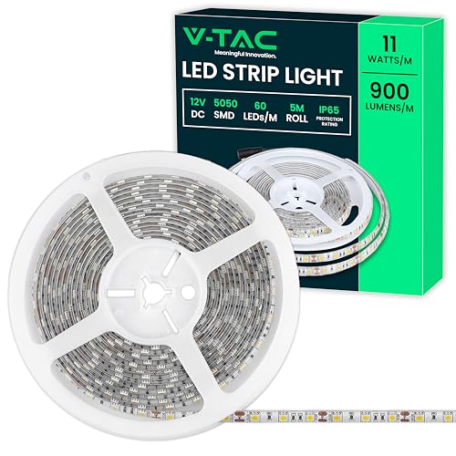 V-TAC LED-Streifen für den Außenbereich, IP65, wasserdicht, 11 W, 5 Meter lang, SMD 5050, hohe Helligkeit, LED-Streifen, Klebestreifen und Abdeckung aus Silikon, 12 Volt, Licht 4000 K, natürliches von V-TAC