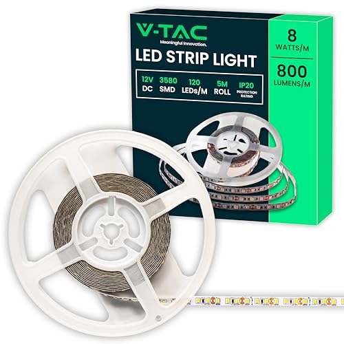 V-TAC LED-Streifen für den Innenbereich, SMD 3528, 8 W, 5 Meter, selbstklebend, für Haus, Küche, Schlafzimmer, Innenbereich, 800 Lumen, Stromversorgung 12 V, kaltweiß, 6500 K von V-TAC