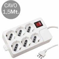 Multistecker mit Kabel 1,5m 6 Steckdosen 10/16A 2P+E Bipass + Schuko mit Lichtschalter 16A 2P+E Stecker Weiß von V-TAC