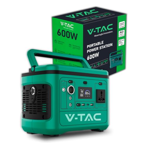 V-TAC Tragbares Kraftwerk Power Station 600 W – Akku 568 Wh – maximale Leistung 1000 W – AC 220 V – LED-Display – Aufladen mit optionalem Photovoltaik-Panel oder Netzteil von V-TAC