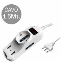 V-tac - Multistecker mit Kabel 1,5m 2 seitliche Steckdosen 10/16A 2P+E Bipass 1 Frontsteckdose 10/16A 2P+E Schuko 2 usb mit Schalterstecker 16A 2P+E von V-TAC
