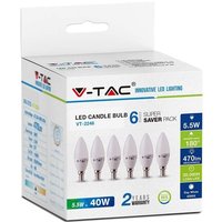 V-tac - E14 Weiße LED-Glühbirnen - rtl - Kerze - 6PC - Pack - IP20 - 5.5W - 470 Lumen - 2700K von V-TAC