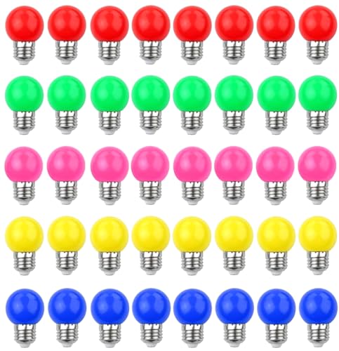 V-TOO LED 40er Pack Farbige Glühbirnen E27 Bunt LED 3W 240 Lumens Dekoratives Licht und Design E27 Bunte Glühbirnen Gemischte Farben Rot Gelb Blau Grün Rosa von V-TOO