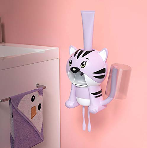 Kinder Automatischer Zahnpastaspender und Zahnbürstenhalter Set Tiger Zahnputzbecher Bad Badezimmer Becher Glas Badekugel Halter Halterung Toilette WC Zahnbürste Zahncreme Zahnpasta (Lila Tiger) von V-Ting