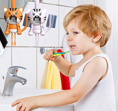 V-Ting Kinder Automatischer Zahnpastaspender und Zahnbürstenhalter Set Zahnputzbecher Bad Badezimmer Becher Glas Badekugel Halter Halterung Toilette WC Zahnbürste Zahncreme Zahnpasta (Orange Tiger) von V-Ting