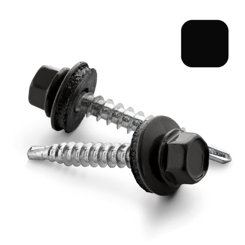 VOOXA 100 Stück selbstbohrende TRAPEZBLECHSCHRAUBEN 4,8X35 mit EPDM Dichtscheibe | verzinter Stahl RAL9005 SCHWARZ | Sechskantkopf SW8 von V VOOXA