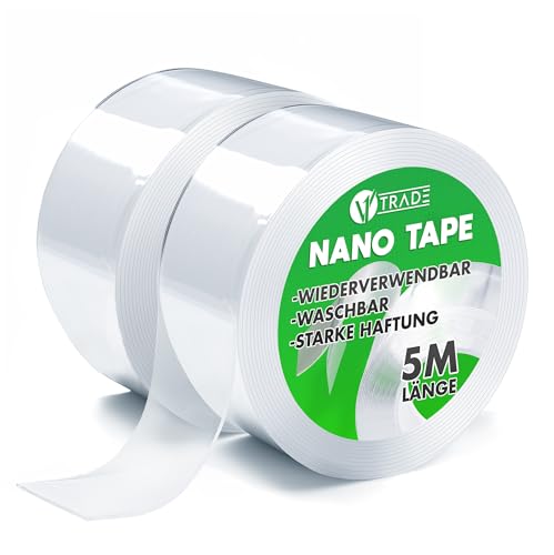 V1 TRADE Nano Tape 10m - Klebeband Doppelseitig Extra Stark Transparent 2x5m Rollen - Klebeband Doppelseitig Ablösbar - Double Sided Tape Strong - Wiederverwendbar von V1 TRADE