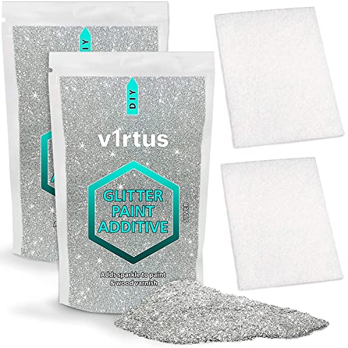 v1rtus Silver Glitter Lackadditiv [200g] NEW 2021-2 x Finishing Rauen Pads inklusive - Mix mit beliebiger Farbe auf Wasserbasis für perfekten Luminous-Finish auf Innen- oder Außenwänden, Decken von V1rtus