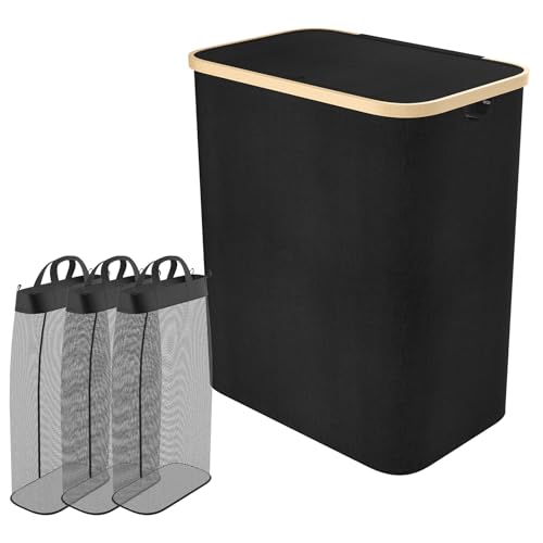 VA-Cerulean 140L Wäschekorb mit Deckel, Wäschesammler mit 3 Fächer Waschbarer Innentasche mit Griffen, Wäschesack Wäschebox Wäschetonne, Laundry Basket, Schwarz von VA-Cerulean