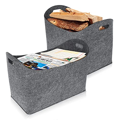 VA-Cerulean Kaminholzkorb Filz 2 Stück Filztasche Groß Holzkorb für Kaminholz mit Tragegriffen Faltbar Filztaschen Kaminholztasche für Zeitungskorb Shopper 55 x 30 x 40 cm (Type B, Hellgrau) von VA-Cerulean