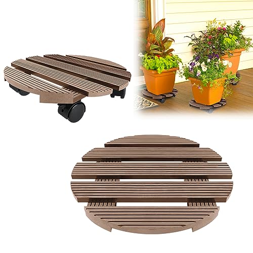 VA-Cerulean 2er WPC Pflanzenroller, Blumenroller mit Feststellbare Räder, Rollbrett 100KG Tragkraft, Kübelroller für Außenbereich und Innenbereich,φ30x7.5cm(Rund,Braun) von VA-Cerulean