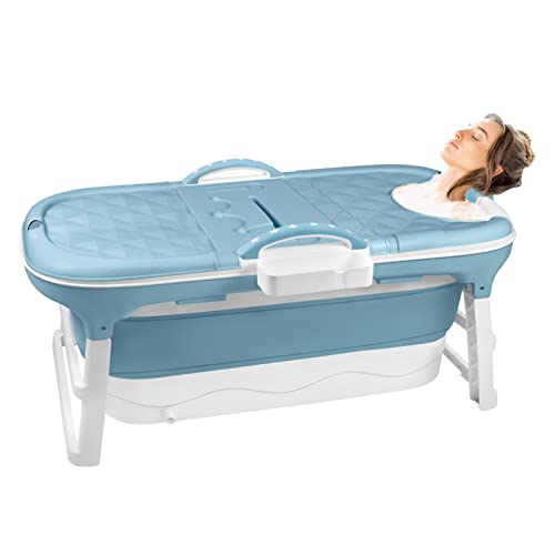 VA-Cerulean Klappbadewanne Erwachsene 118x60x53 cm Blau Mobile Faltbare Bathtub Kunststoffbadewanne mit abnehmbar Abdeckung, Kopfstütze, Handhaben, Seifenkorb(Typ A) von VA-Cerulean