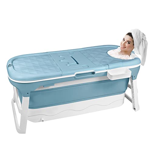 VA-Cerulean Klappbadewanne Erwachsene 128x60x53 cm Blau Mobile Faltbare Bathtub Kunststoffbadewanne mit abnehmbar Abdeckung, Kopfstütze, Massagerollen, Handhaben, Seifenkorb(Typ A) von VA-Cerulean