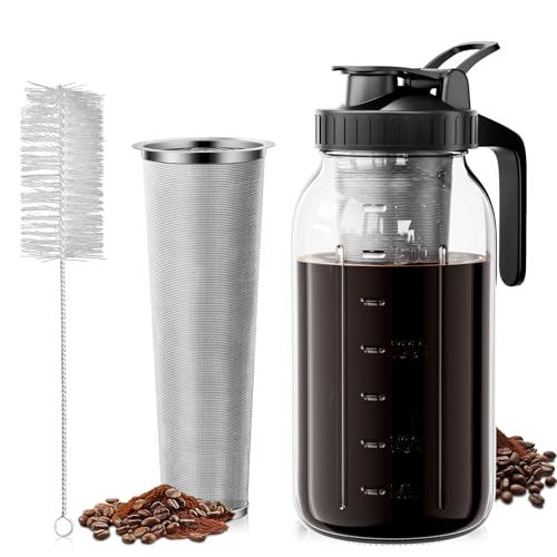 VA1KENE 1.8 l Kaltgebrühte Kaffeemaschine – Einmachglaskrug mit Deckel und Auslauf, kein Auslaufen, Eiskaffeemaschine mit Edelstahlfilter, Eistee, Limonade und kaltgebrühtes Gebräu (schwarz) von VA1KENE