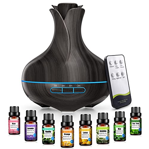 Aroma Diffuser, 600 ML Mit 8 Ätherischen Ölen, Luftbefeuchter Schlafzimmer, Luftbefeuchter mit Fernbedienung, 4 Timer, Automatische Wasserlose Abschaltung für Große Räume von VAAGHANM