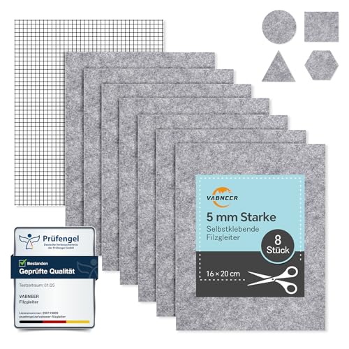 8 Stück Selbstklebende Filzgleiter (16x20cm, 5mm) | Hochwertiger Nadelfilz für Stühle & Möbel | Schneidbar & geräuschdämpfend | Leiser Schutz für Böden (Grau) von VABNEER