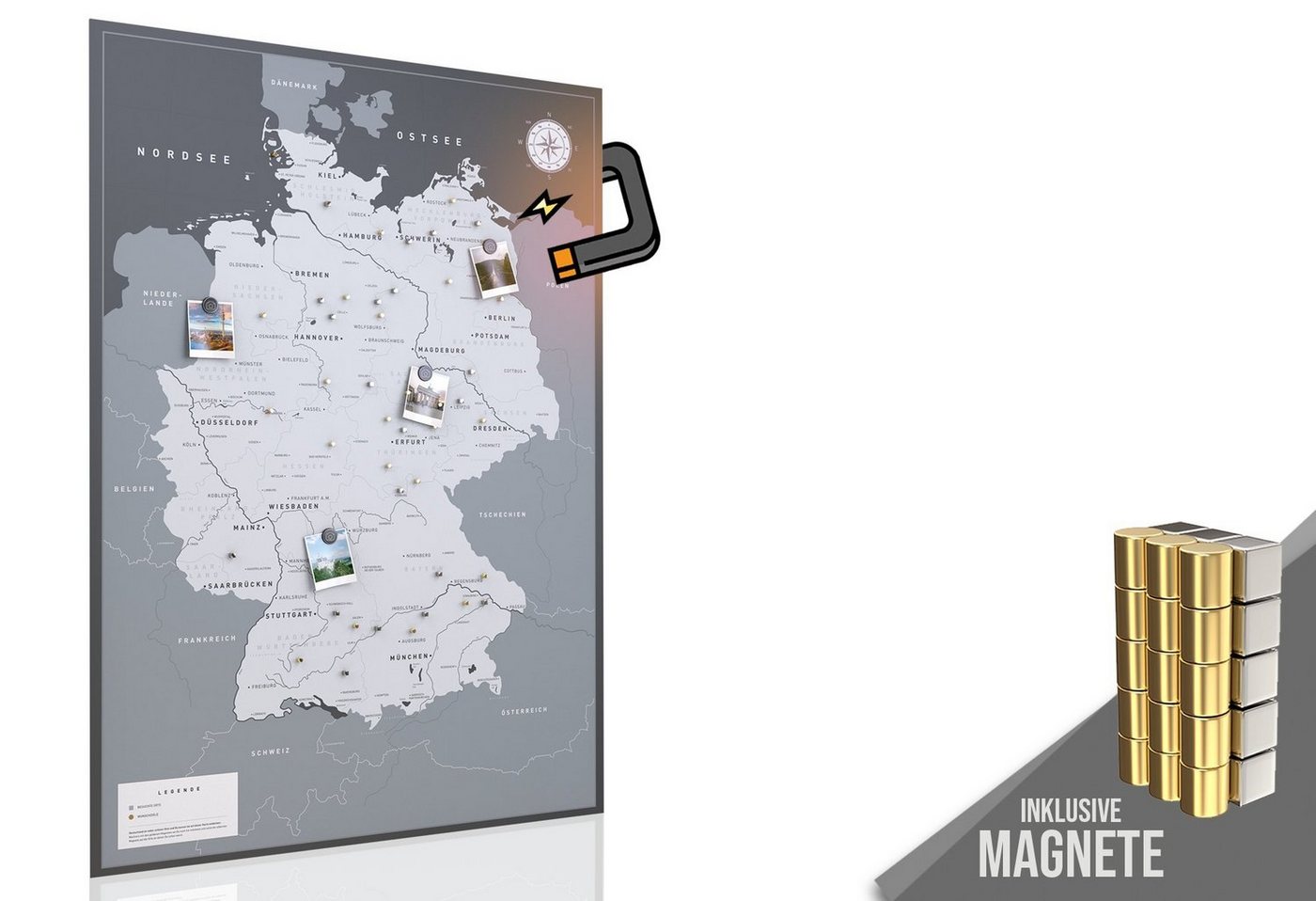 VACENTURES Wanddekoobjekt Die magnetische Deutschlandkarte - inkl. Magnet Pins von VACENTURES