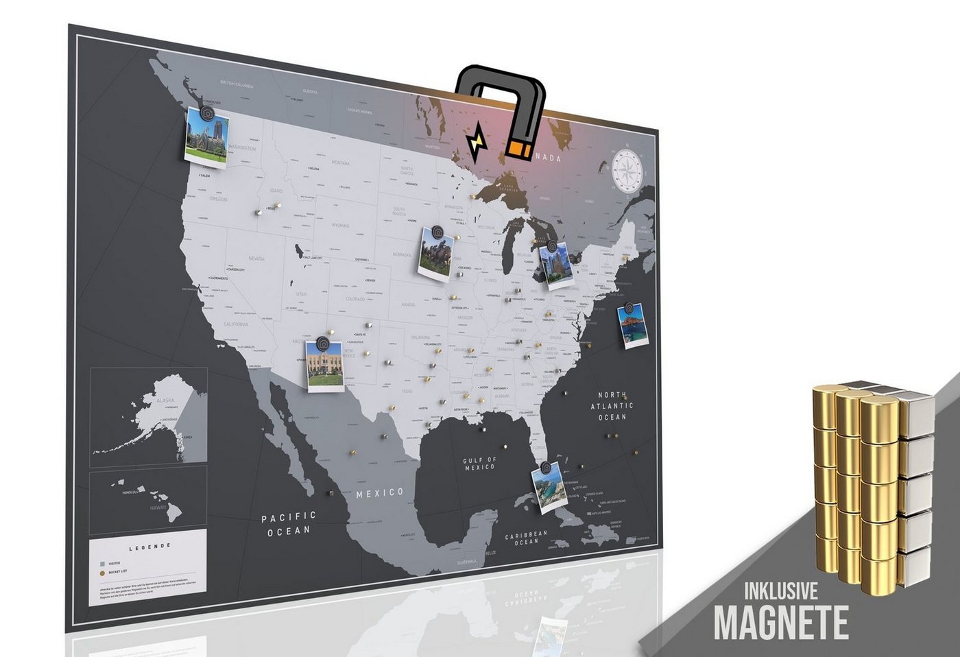 VACENTURES Wanddekoobjekt Die magnetische USA Karte - inkl. Magnet Pins von VACENTURES