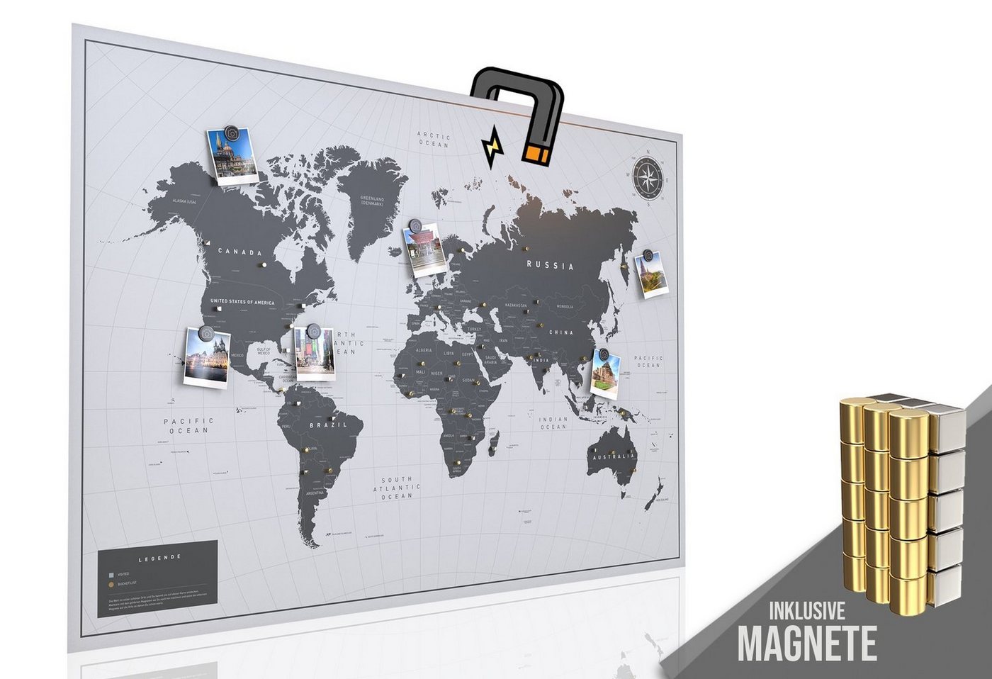 VACENTURES Wanddekoobjekt Produkte Die magnetische Weltkarte Weiss" - inkl. Magnet Pins" von VACENTURES