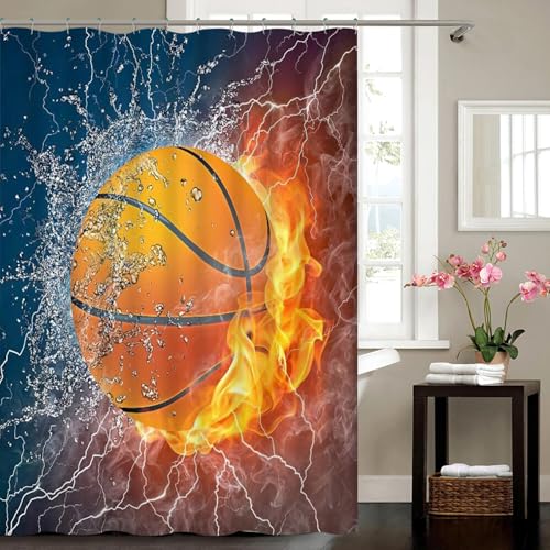 VÄLSON Duschvorhang 180x180 cm Basketball incl. Ringe mit verstärkte Lochleiste und Gewichtsaum Antibakteriell Antischimmel von VÄLSON