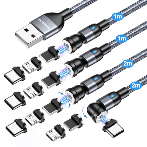 VAFOTON 1-Pin Magnet Ladekabel 4Stück (2M/2M/1M/1M), 360° & 180° Drehbar Magnetisches USB Ladekabel, 3 in 1 Ladekabel Magnetisch für Typ C/Micro USB/i-Produkte/Smartphone/Grau von VAFOTON