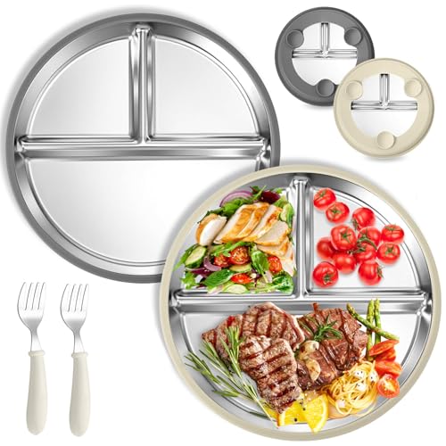 2 Stück Edelstahl Baby teller mit Saugnapf - 23CM Geteilte Kinderteller mit Entfernbarer Silikon Hülle, BPA-freie Baby Geschirrset mit 2 Stück Gabeln, Nicht Rutschig Unzerbrechlich (Grauen, Beige) von VAIGU:OA