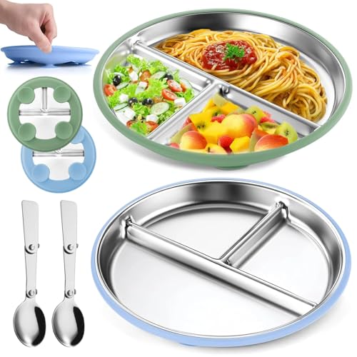 2 Stück Edelstahl Teller Baby - 23,5cm Geteilte Kinderteller mit Abnehmbarem SilikonhüllenBaby-Saugnapfteller & 2er Löffel Kinder-Snackschalen Kleinkindutensilien, Baby-Fütterungsset Blau Grün von VAIGU:OA