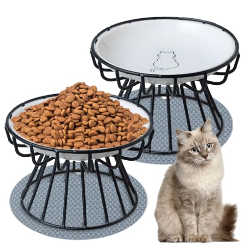 2 Stück Erhöhter Futternapf Katze - 6 Zoll Katzennapf Erhöht mit Erhöht Ständer Metallhalter Base Haustiere, Weiß Fressnapf Katzen mit 2pcs Napfunterlage Silikon, Katzenschüssel für Katzen und Welpen von VAIGU:OA