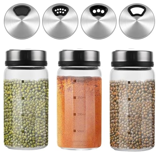 3 Stück Gewürzgläser mit Drehdeckel - Salzstreuer 200ml, Streuer Gewürze mit 4 Gewürzlöchern,Gewürzgläser Glas,Gewürz Gläser, Praktische Salzstreuer Gewürzdosen für Küche, Grillen, BBQ und Kochen von VAIGU:OA