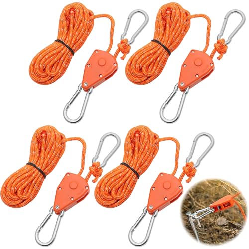 4 Stück 4 mm Verstellbarer Seil Ratsche, 5 m Abspannseile mit seilspanner, Einstellbare Ratchet Hanger, Zeltschnur, Reflektierende Abspannseile für Sonnensegel Wandermarkise Picknicks (Orange) von VAIGU:OA