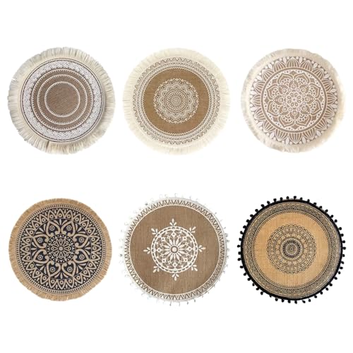 6 Stück Platzsets Abwaschbar Rund - Tischsets Rund Boho Runde Platzset Jute Tischsets mit Mandala Quaste, Handgefertigte Gewebte Abwaschbar Platzsets Untersetzer für Küche Tischdekoration verwendet von VAIGU:OA