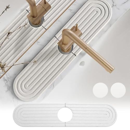 Abtropfmatte Spüle Wasserhahn Spritzschutz - 60 x 10cm Diatomit Wasserhahn Absorbierende Matte Enthält zwei Untersetzer, Spritzschutz Matte für Küchenbad, für Küche und Badezimmer Countertop Protect von VAIGU:OA